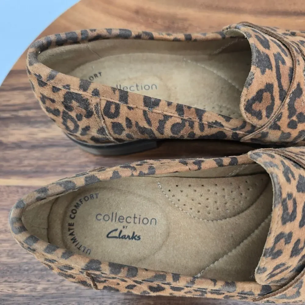 Clarks Shoes Women's 6 M Leopard Print Suede Leather Trish Comfort Penny Loafers